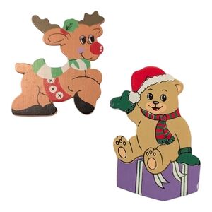 VTG Pair Christmas Rudolph The Red Nose Reindeer & Bear On Gift Fridge Magnets